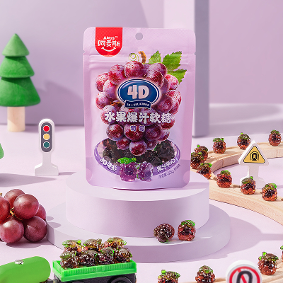KUROMI 4D果汁软糖 葡萄苏打味、CINNAMOROLL 4D软糖 酸奶苏打味、阿麦斯4D水蜜桃爆汁软糖、阿麦斯4D金元宝爆汁软糖（金桔味）、阿麦斯4D草莓爆汁软糖、阿麦斯4D葡萄爆汁软糖、阿麦斯4D菠萝爆汁软糖